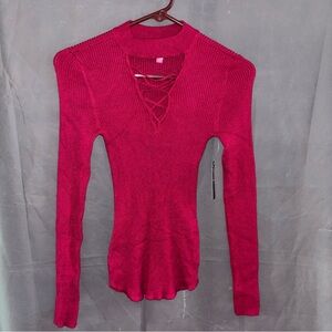 NWT Sz XS (1) NOBO MOCK NECK LACE-UP HOT PINK Cranberry COLOR L/S SWEATER Rayon